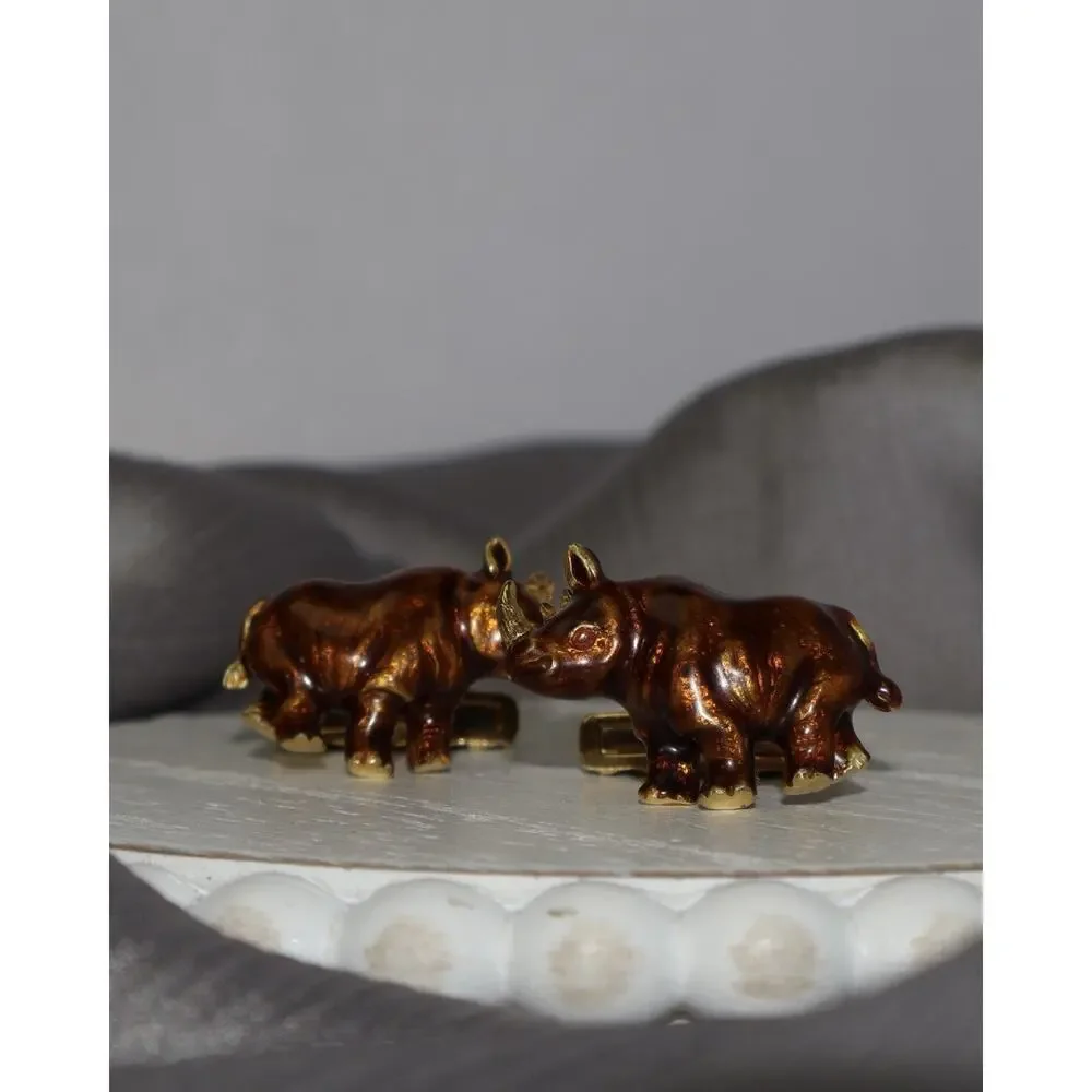 David Webb 18k Yellow Gold Enamel Rhino Cufflinks 20G